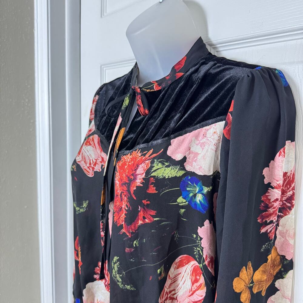Worthington Floral Peplum Blouse Tie Neck Velvet Yoke Long Sleeve Work Top - Picture 4 of 11